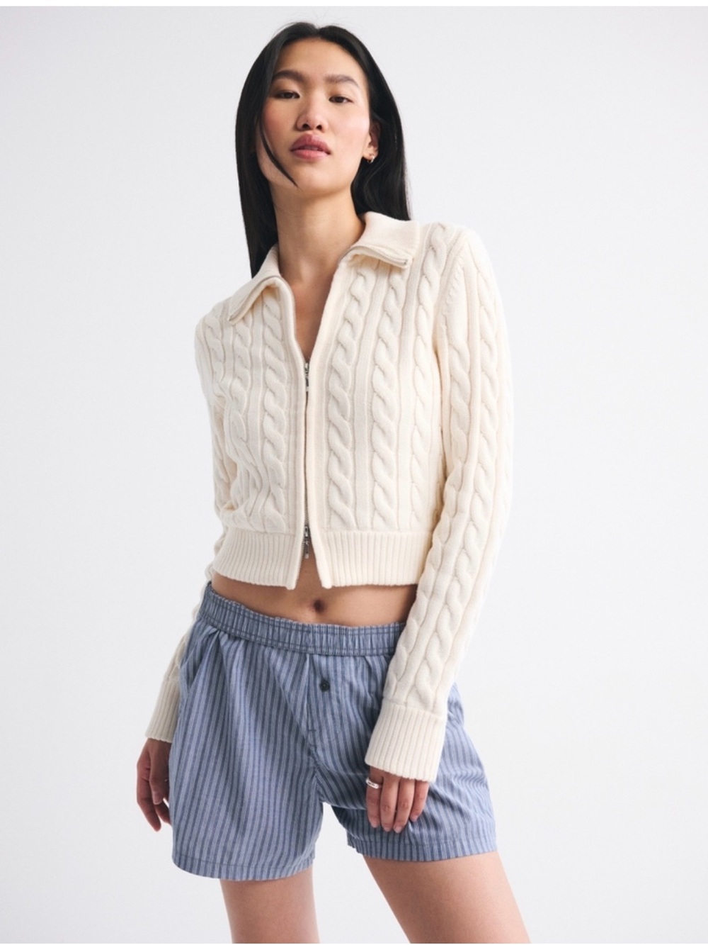 NWOT Abercrombie & Fitch Cream Double Zipper Cable-Knit Zip Cardigan